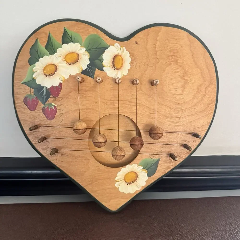 Floral Strawberries Heart Shaped Hand Painted Door Harp Chime Vintage Wood